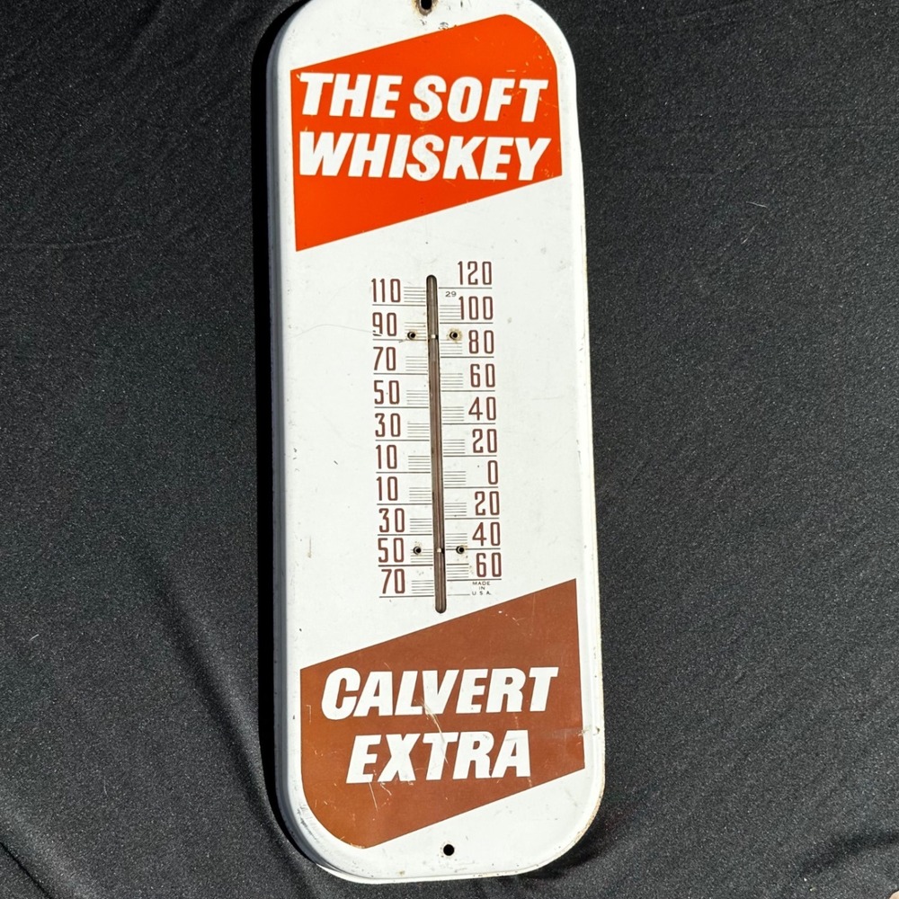 Calvert Extra Whiskey Advertising Thermometer Vintage OS White Good Metal Sign